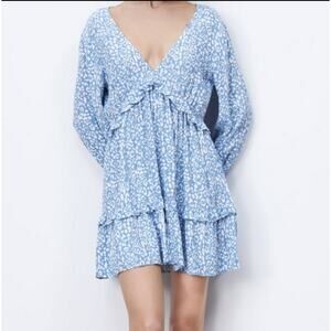 Zara Animal Print Open Tie Back Ruffled Babydoll Boho Mini Dress Small Y2K Blue